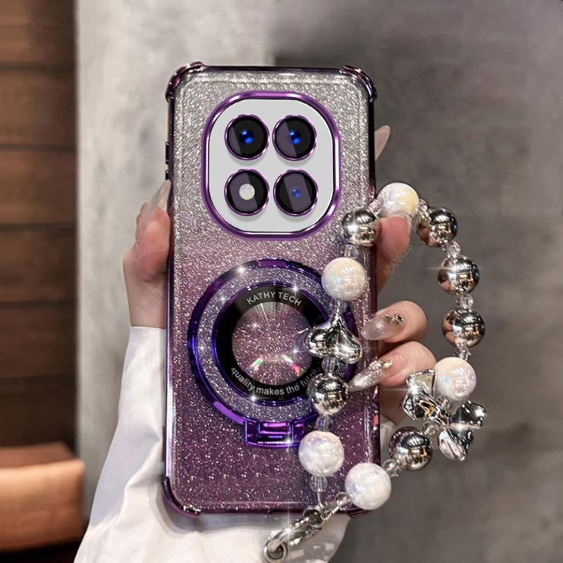 Glitter Magnetic Holder Bracket Phone Case For Xiaomi Redmi Note 14 15 Pro Plus 15 15C 14C 14S 4G 5G Bow Bracelet Silicone Cover