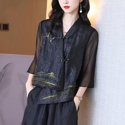 Women Silk Vintage Embroidered Asymmetrical Blouses Spring Summer Elegant Chinese Style Design Cardigan Shirts Blusa Mujer Moda