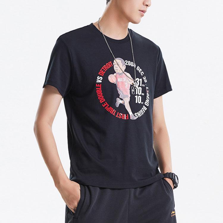 Li Ning Wade Series Printed Round Neck Short Sleeve T-Shirt Men Tops New-Standard-Black AHSQ475-3