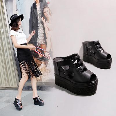 Summer Wedges Women Shoes 12cm Fashion Fish Mouth High Heels Slippers Black White Hollow Out Platform Outdoors Ladies Sandals