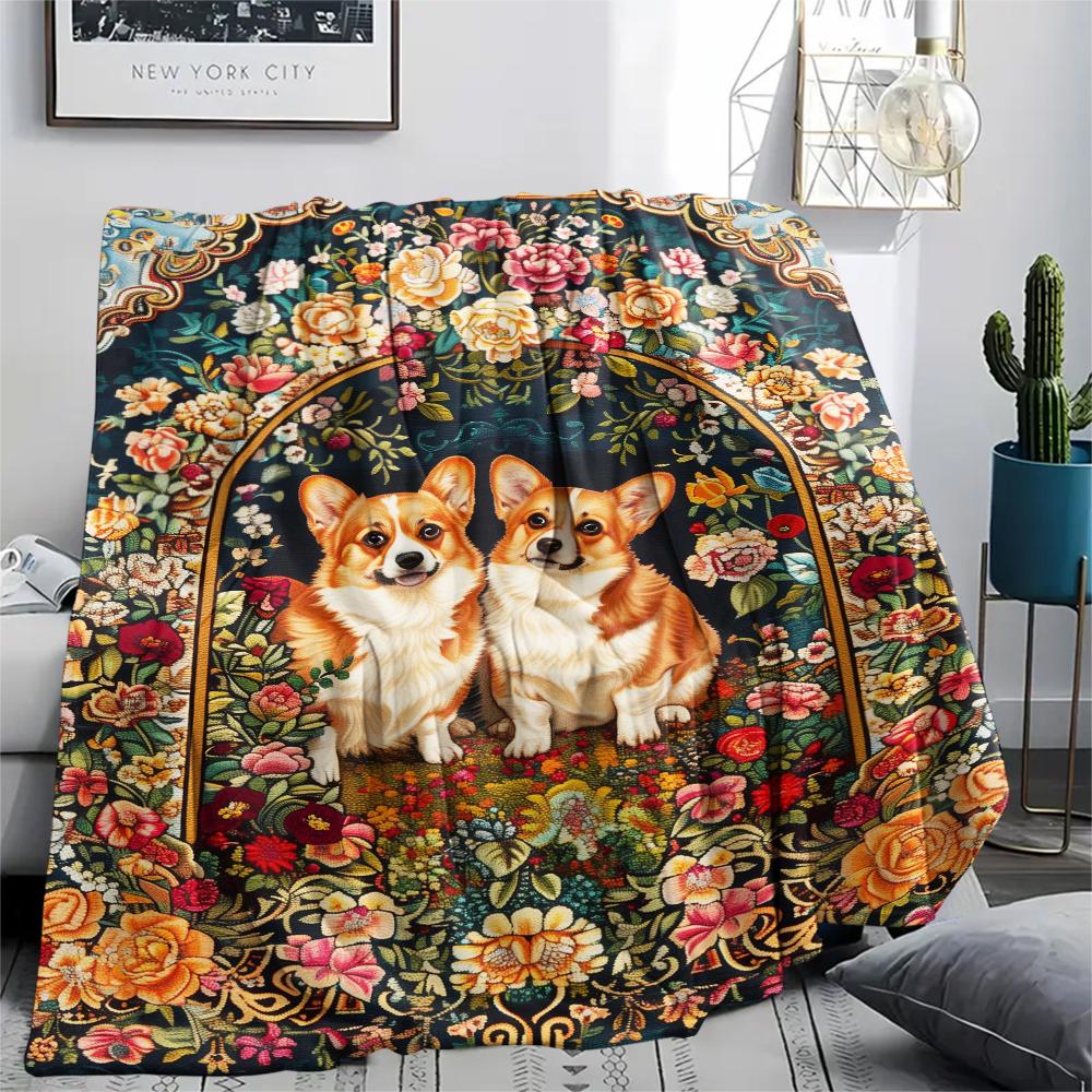 1Pc Floral Dog Print Flannel Blanket, High quality Comfortable for All Seasons, Home Decor, Warmth and Comfort, Perfect for Christmas Gifts