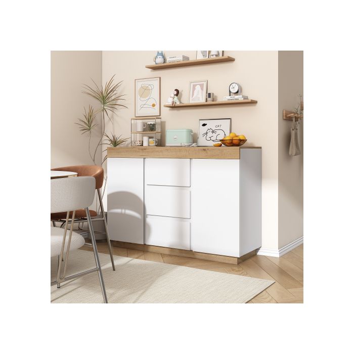 Commode À Trois Tiroirs Et Deux Portes, Meuble De Rangement, Panneau De Particules E1, Blanc + Chêne