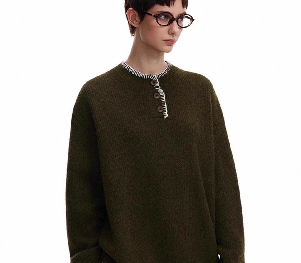 Unisex Retro Henley Neck Knit Sweater - Casual Autumn Pullover