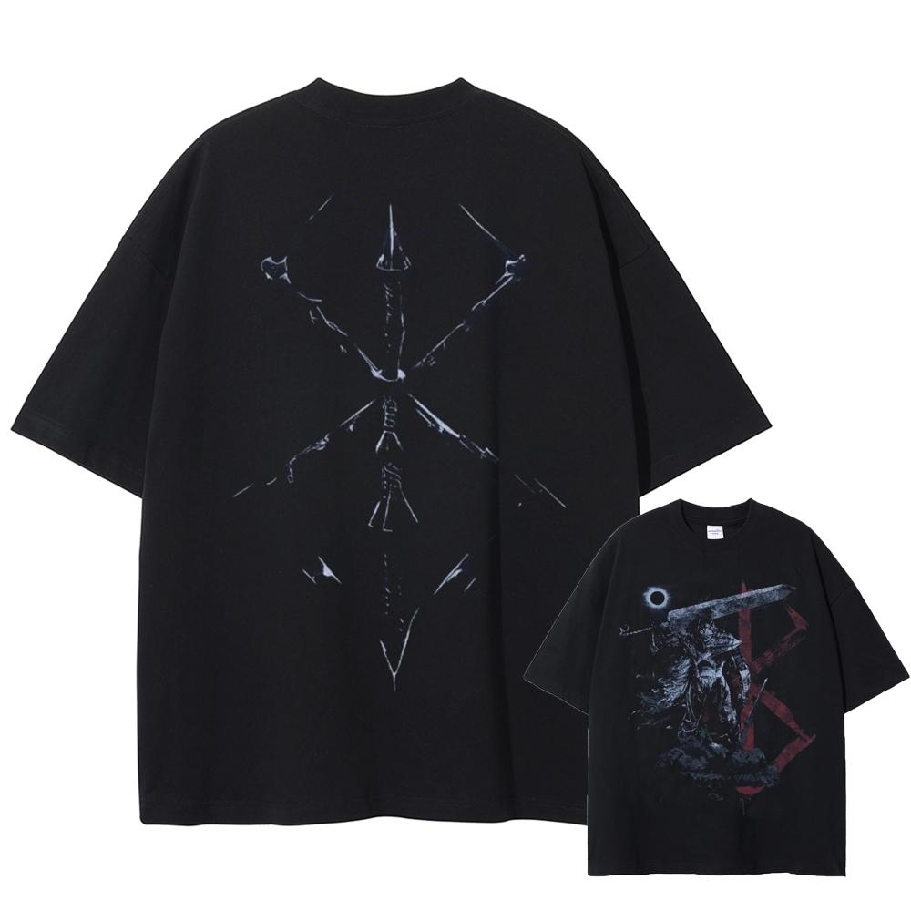 Berserk Manga T Shirt Harajuku Gothic Tshirt Washed Casual Oversized T-shirt Clothing Summer Short Sleeve Cotton Tees Streetwear