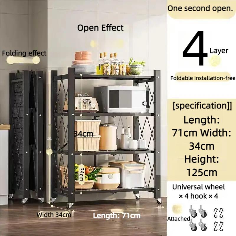One-Second Foldable Storage Racks Folding Kitchen Organizer Shelf Standing Multi-Layer Storage Rack Movable Organizing Shelves