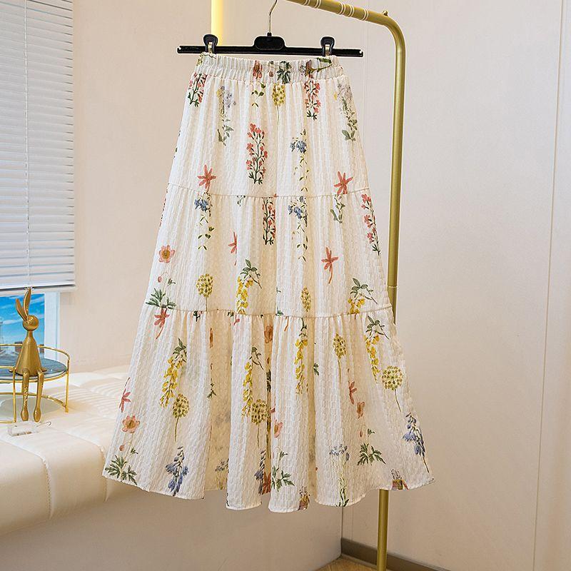 Blommig Chiffon Midikjol för Kvinnor Hög Midja Mellång Längd Tryckt A-linjekjol