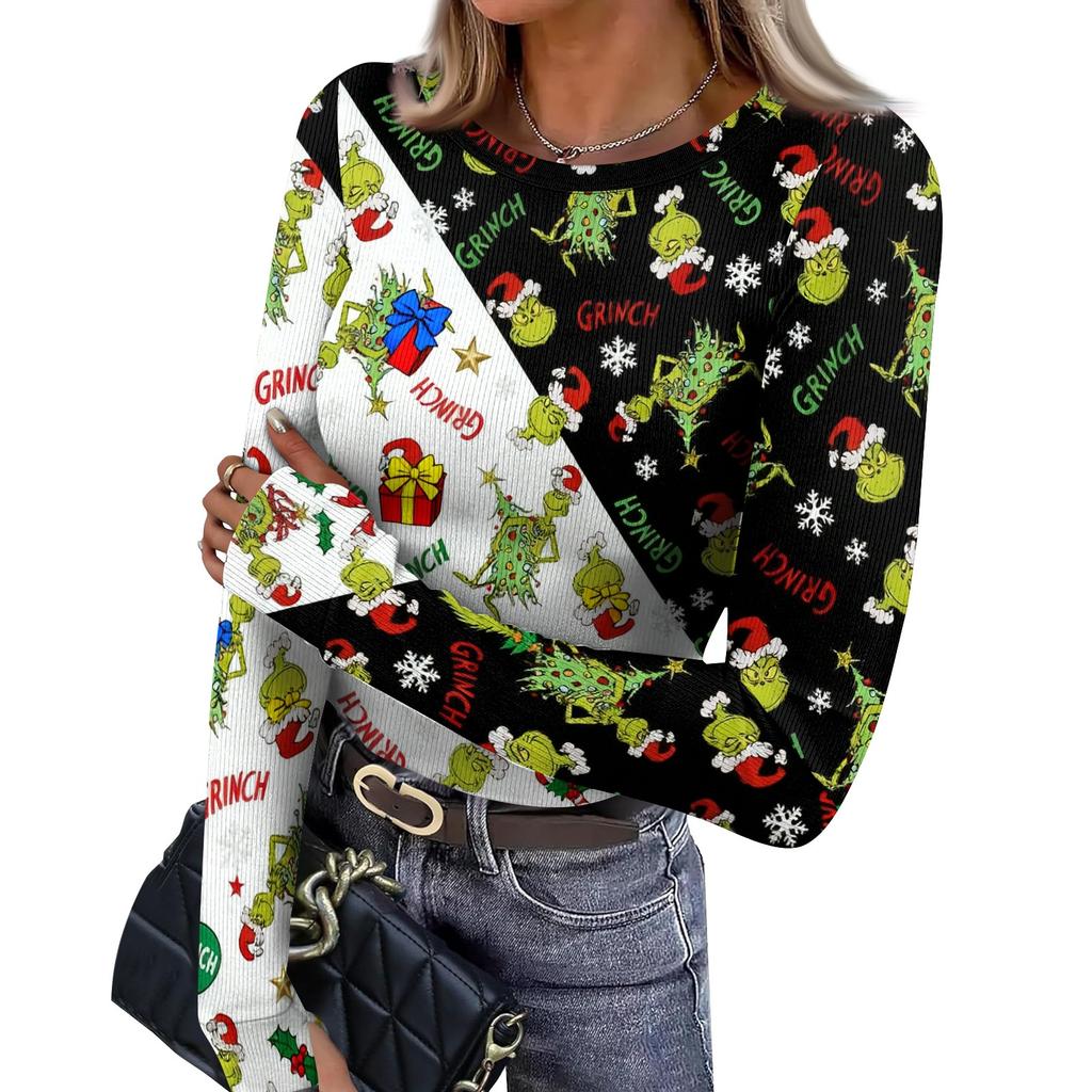 Women's Slim Fit Long Sleeve T-Shirt with Thumb Holes, Crewneck Christmas Print Pullover Top