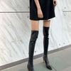 Spetsiga över-knä-stövlar med höga klackar, smala klackar, höst- och vintermode, enastående nisch, elastiska, tjockklackade, stora storlekar, långa damstövlar