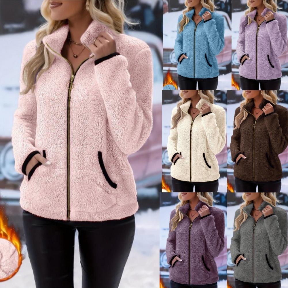 Women's Autumn Winter New Casual Double-Sided Fleece Zip Up Cardigan Plush Sweatshirt Jacket Reversible Fuzzy Hoodie Coat