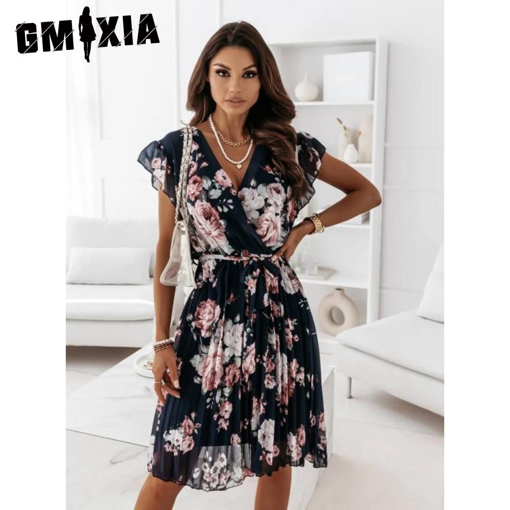 

GMXIA Свободное летнее плиссированное женское миди-платье V-образный вырез высокая талия повседневное платье S чёрный