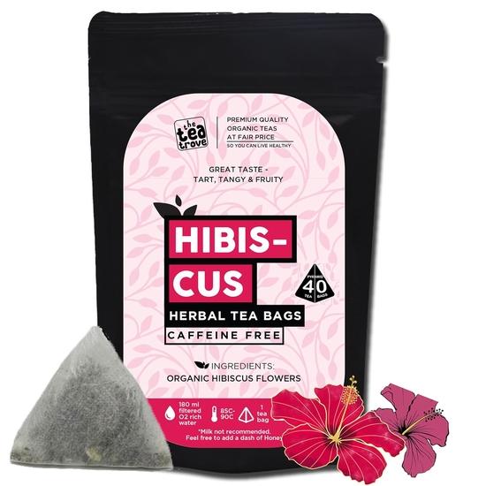 the tea trove Organic Hibiscus Tea Leaves Bags - 40 Eco-Friendly Hibiscus Flower Tea Bags In Resealable Pouch - Caffeine Free | Pack Of 1, 60 Grams