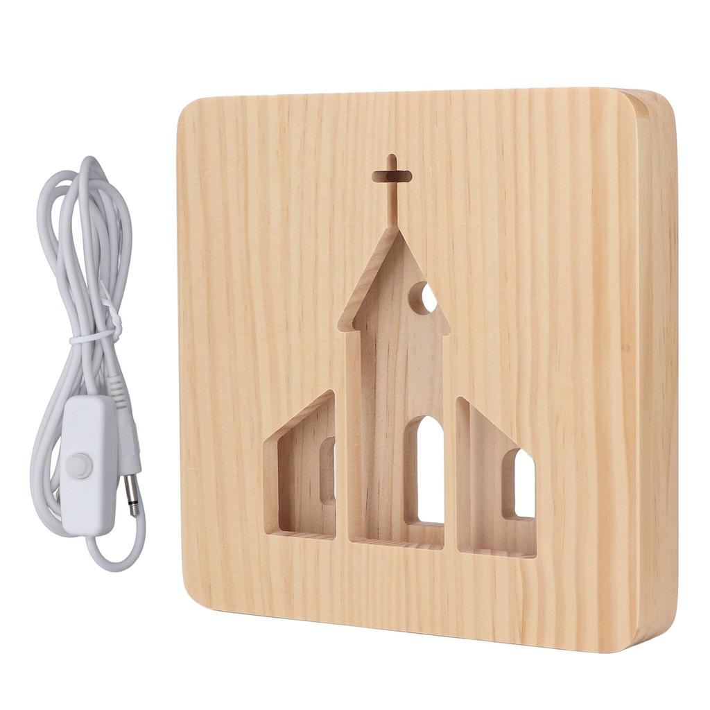LED Night Light Christian Church Pattern Hollow Out 3D Wooden Lamp USB Interface Pine Wooden Night