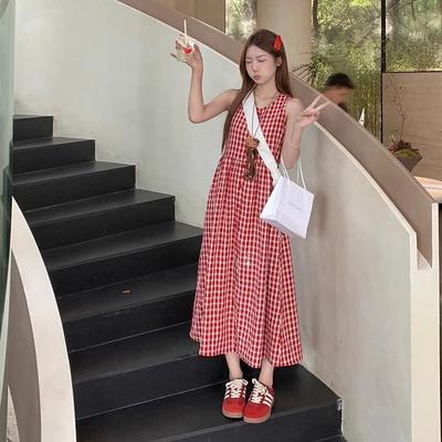 Seaside Vacation Red Plaid Dress Women's Clothing Summer New Sleeveless Vest Slim Dress Beautiful and Unique