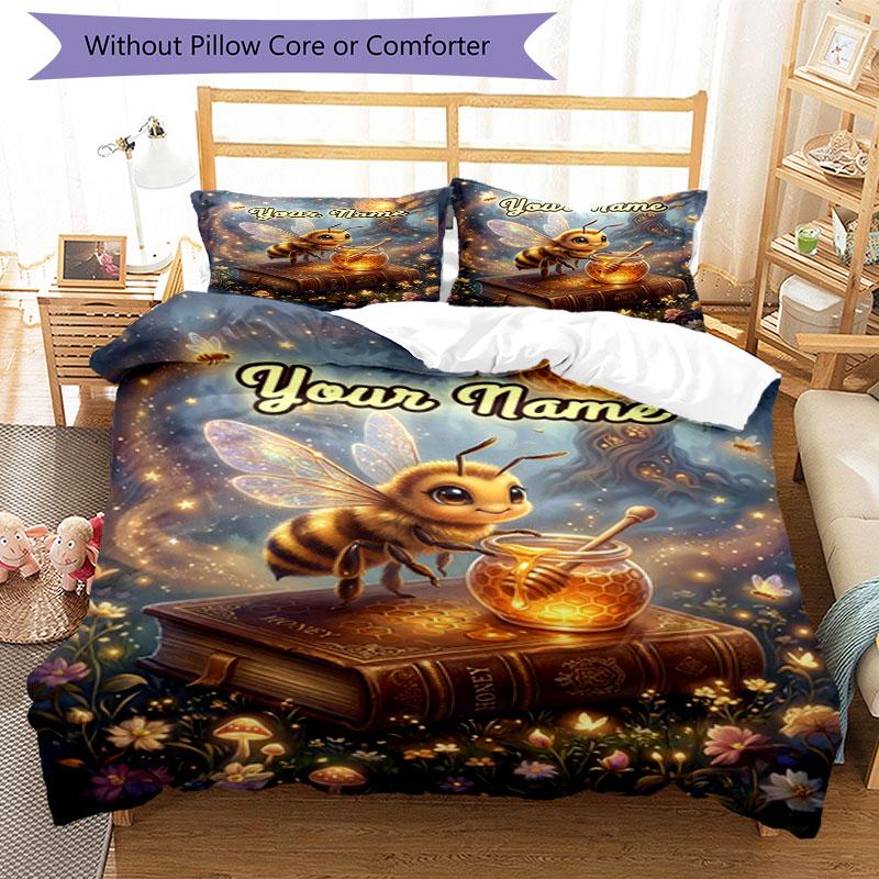 3PC Custom Name Bee Book Honeycomb Bedding Set Duvet Cover Closure Includes 1 Duvet Cover & 2 Pillowcases for Bedroom