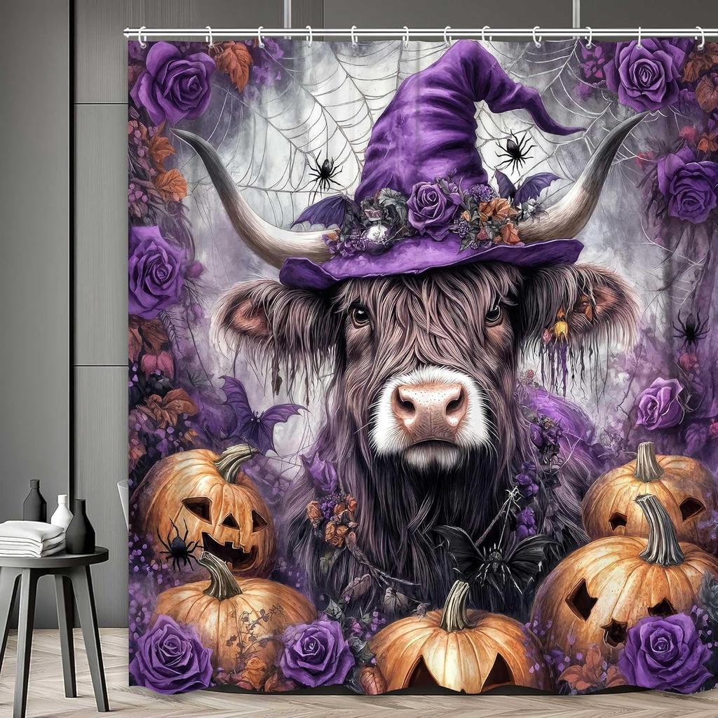 Christmas Cute Highland Cow Shower Curtain, Merry Christmas Farmhouse Funny Western Animals Bath Curtain, Winter Snow Pine Tree