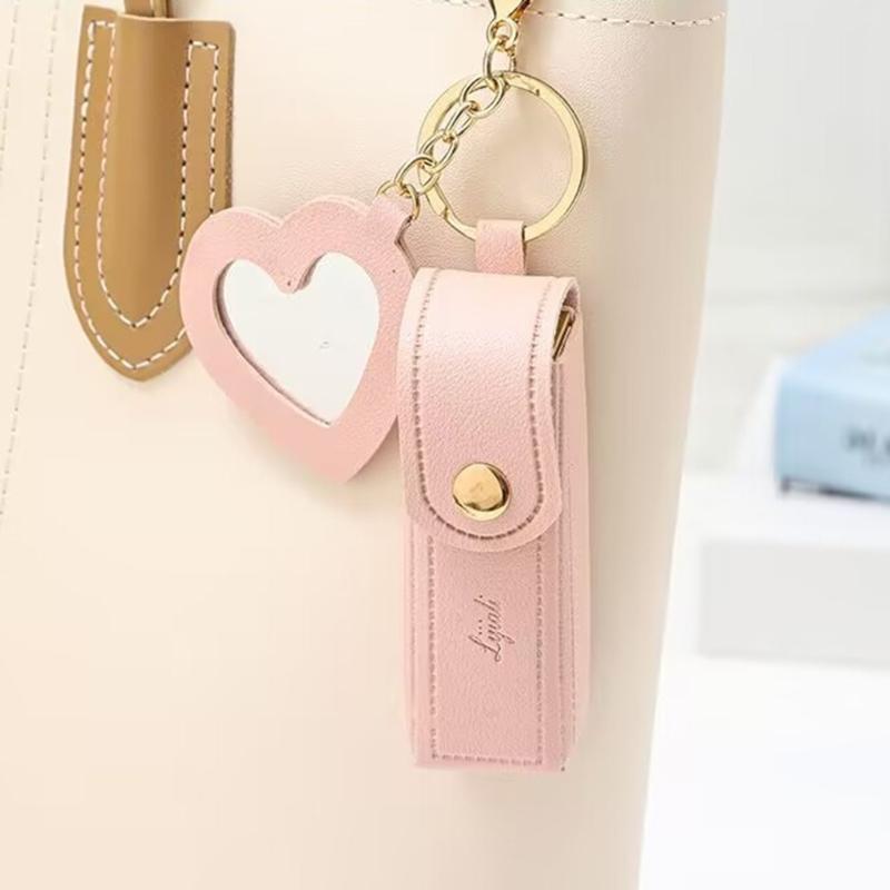 PU Leather Lipstick Bag Keychain Heart Pendant Mini Portable Key Chain Keyring