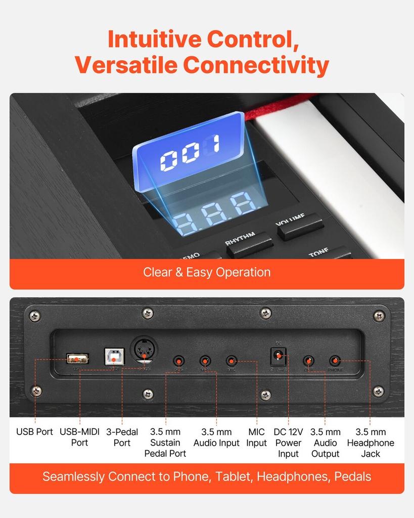 Weighted Digital Piano, 88 Keys Fully Weighted, Electric Piano Dual Keyboard & Speakers, with Sustain Pedal, Recording Function, 238 Tones, Wireless