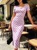 Women Summer Purple Gray Polka Dot Bodycon Midi Dress Cold Shoulder Slim Fit Sexy Cutout Elegant Dress