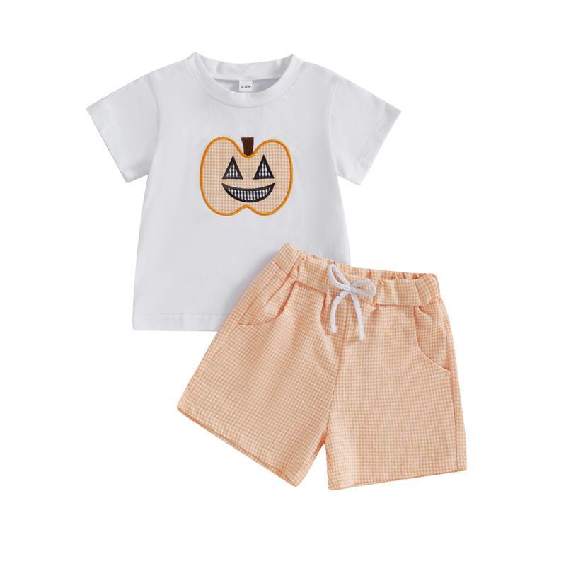 

Baby Boys Outfits Pumpkin Pattern Short Sleeves T-Shirt and Elastic Plaid Shorts Set Toddler 2 Piece Clothes Set 12-18M белый