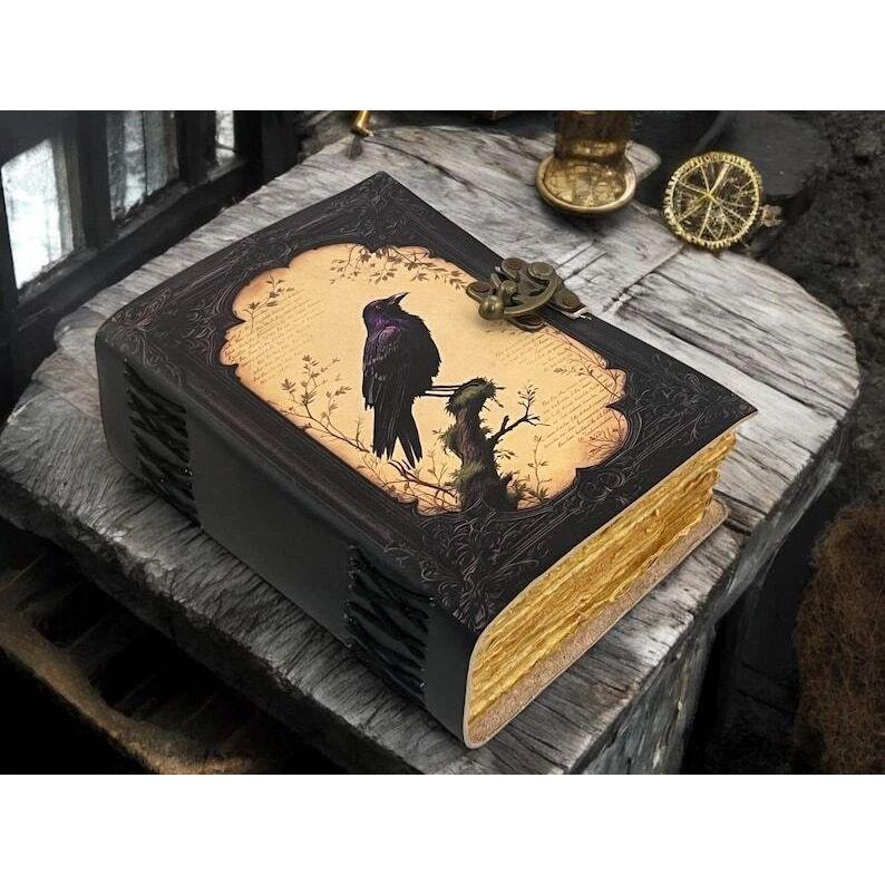 Raven Leather Journal Handmade Gothic Notebook with Crow Design Vintage Wiccan
