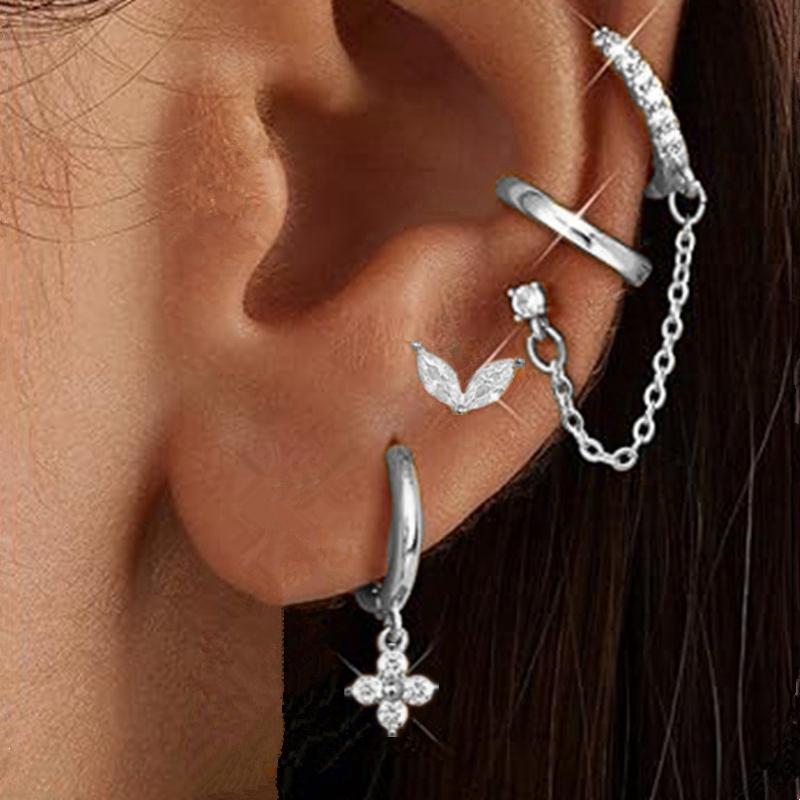 4PCS Double Piercing Chain Huggie Hoop Earring Lot For Women Tragus Stud Earrings Flower Cartilage Helix Jewelry Lobe Earing Set