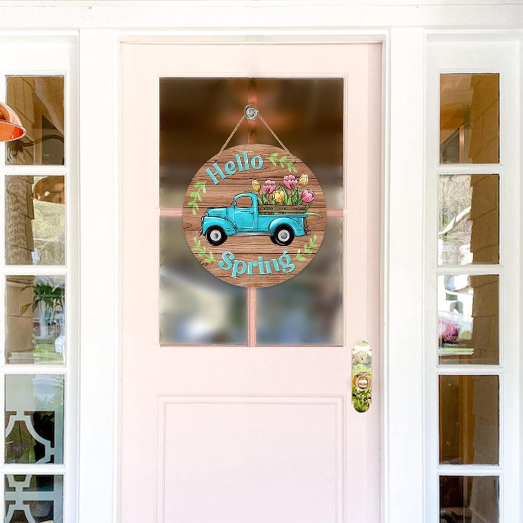 Deroro Hello Spring Blue Truck Sign for Front Door Decor, Tulip Flowers Pickup Wood Door Hanger for Outdoor Outside Porch, Rustic Farmhouse Wooden