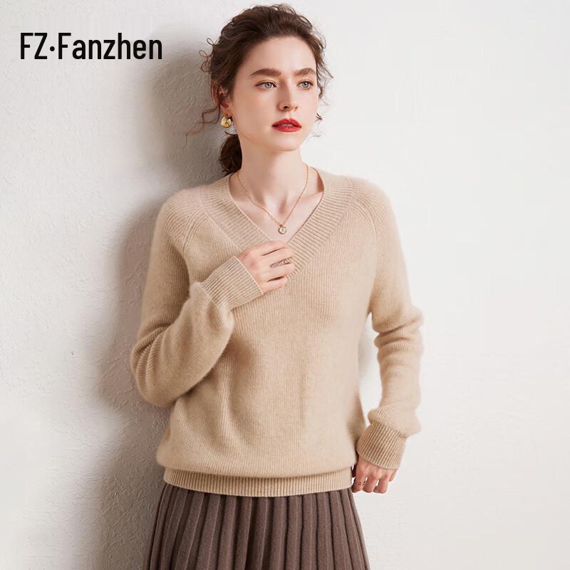 Fanzhen Women's Thickened 100% Cashmere V-Neck Sweater