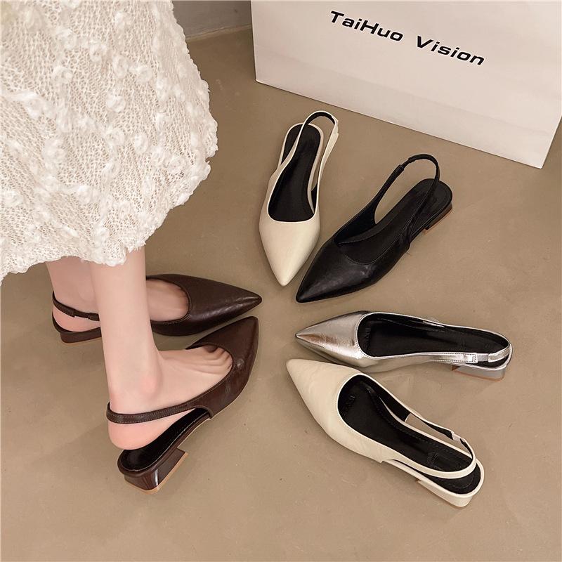2025 summer sexy pointed low-heeled shoes women's thick-heeled sandals niche back empty French temperament bag head women's sandals