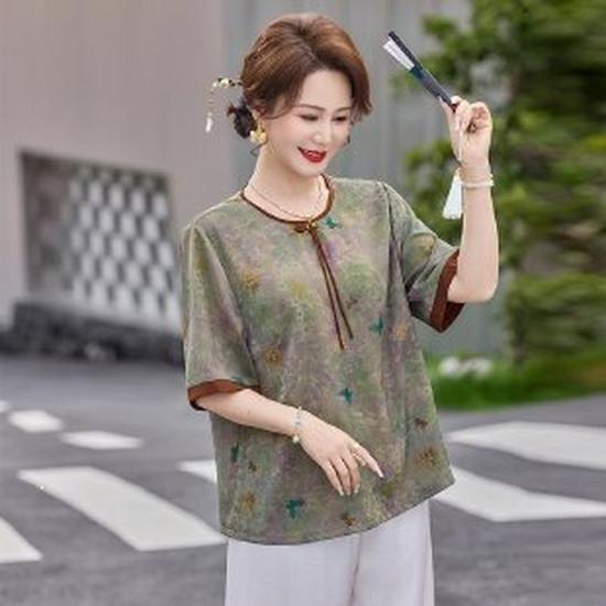 Dignified & Elegant Spring/Summer T-shirt for Middle-Aged & Elderly Women - Short-Sleeved Chinese Style