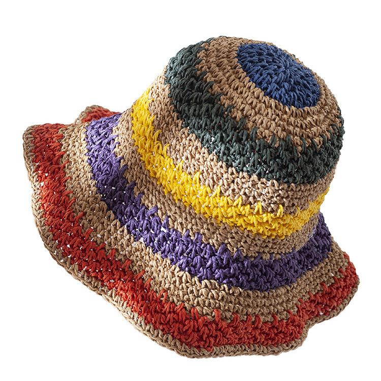 Straw Hat Female Summer Ins Wind Colored Striped Woven Sun Hat Hand Woven Vacation Beach Sun Hat