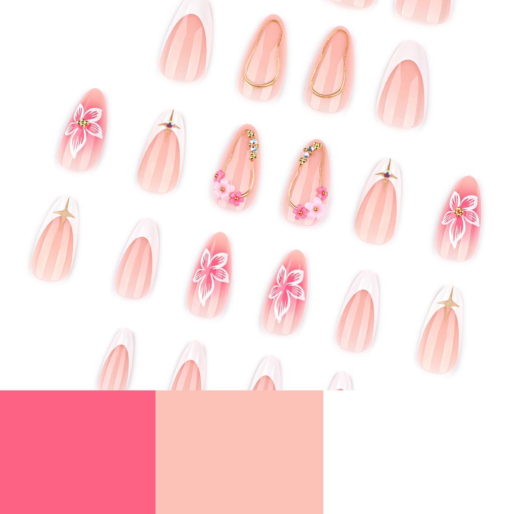 3D three-dimensional hot-selling French white wearing nail simple flower manicure fake nail short almond nail piece