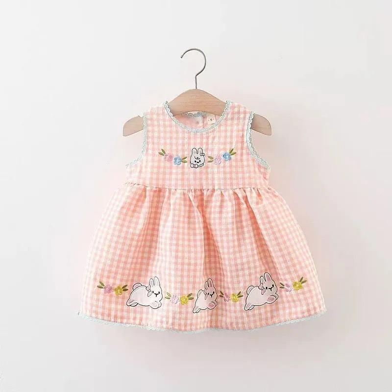 Summer Kids Sundress Toddler Pink Bunny Grid Sleeveless Dress Children Girls Yellow Clothes
