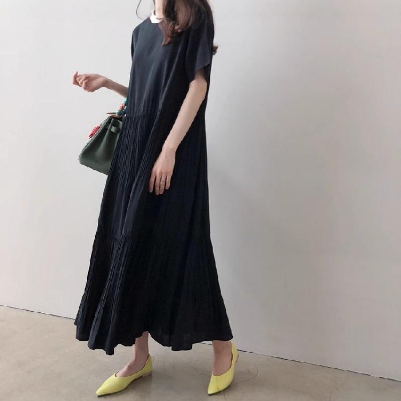 Summer Solid-color Round Neck Pleated Short Sleeved Dress