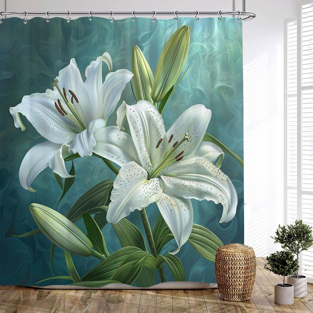

1Pc Elegant White Lilies Shower Curtain - Realistic Floral Design With Delicate Petals & Pollen Stamens On Swirling Blue Gradien W60H190(CM)-1 Pcs