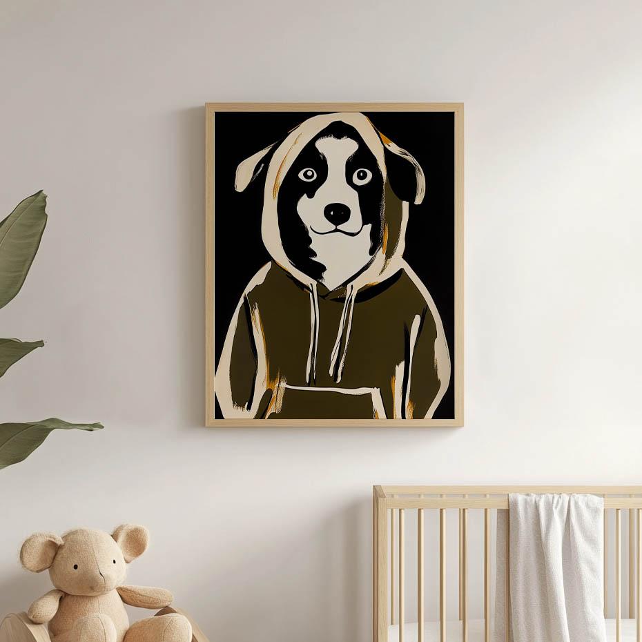 Poster Cute Dog In a Sweatshirt Poster Cute Dog In a Sweatshirt, 30X40 Cm, Dark Brown Wooden Frame, 230 Gsm Matte Paper