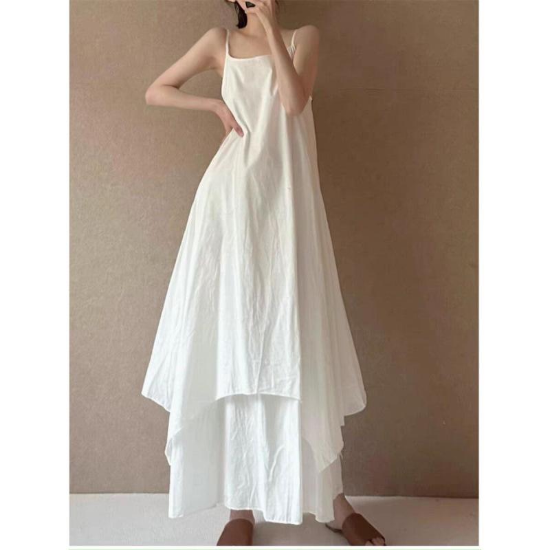 Xia's New Minimalist Extended Suspender Skirt Irregular Curved Hem Double-layer Elegant Long Dress Dress