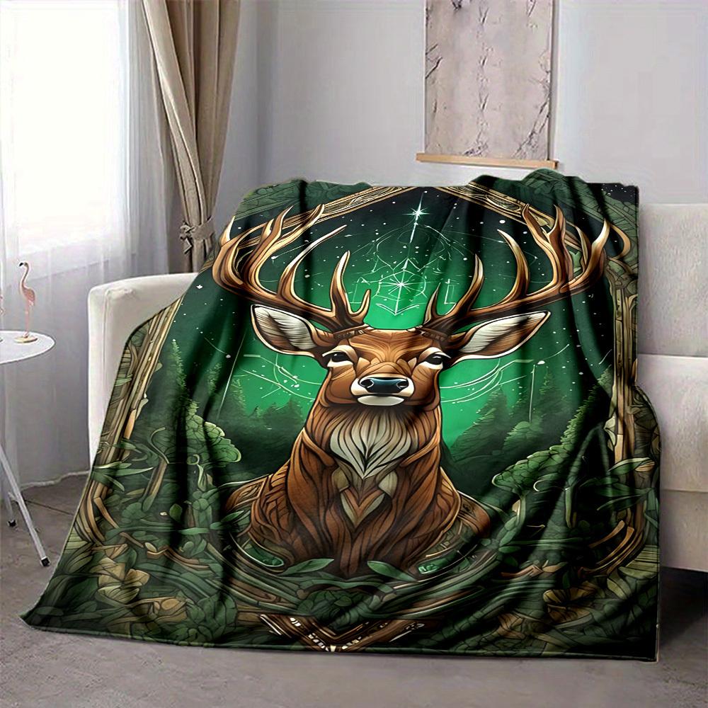 1pc Mystical Deer Print Flannel Blanket [Cozy Throw Blanket] For Sofa, Bed, Travel, Camping, Livingroom, Office, Couch, Chair, And Bed