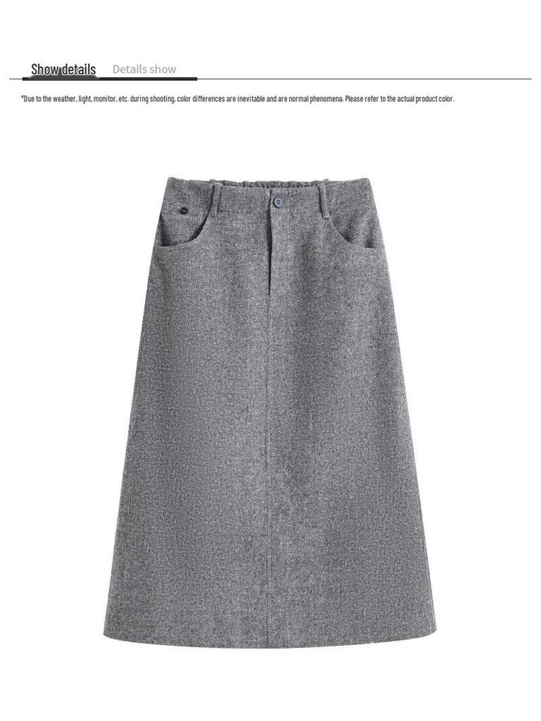 Woolen Half-Skirt: Women's 2025 Winter Brown-Gray Casual Slit Midi Skirt