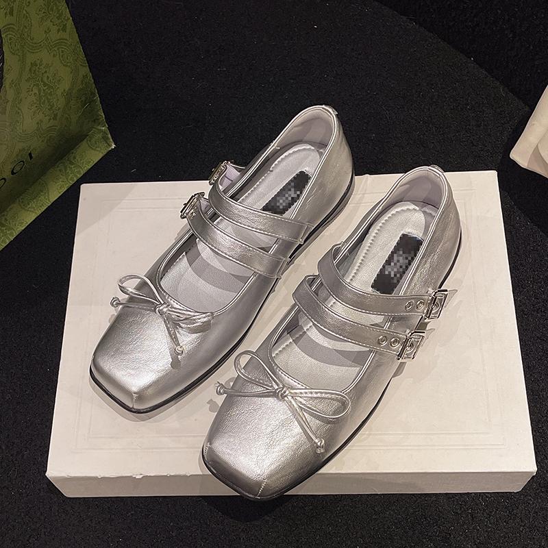 Fashion Women's Flat Shoes Spring New Square Head Shallow Mouth Butterfly Knot Rivet Soft Sole Non-slip Single Shoes