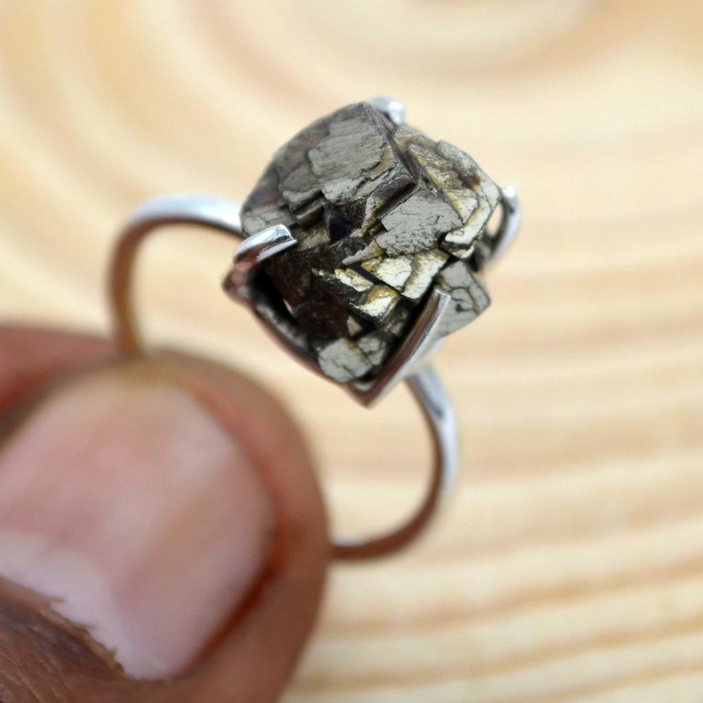 Pyrit 925 Sterling Silber Ring, roher Edelstein handgemachter Damen Boho Ring