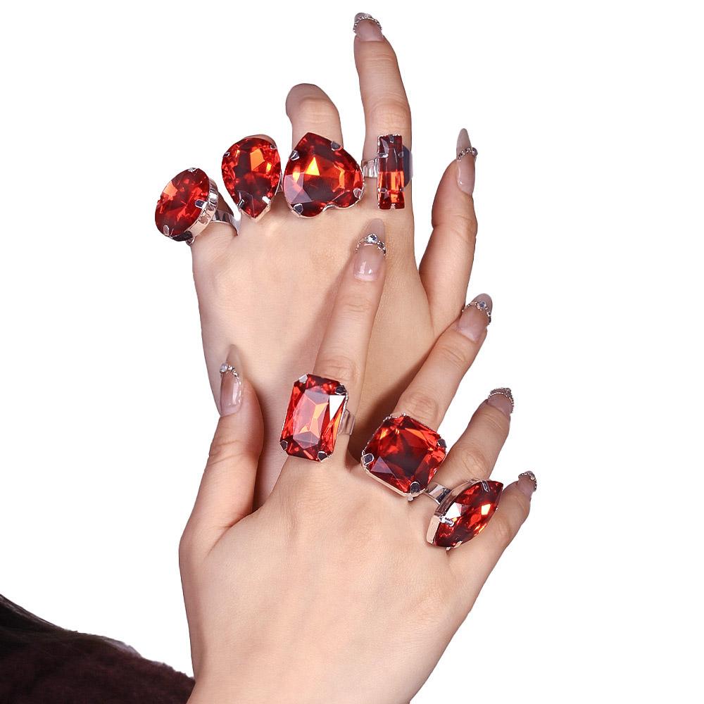 7 Kinds Red Crystal Ring Set Adjustable Women Luxury Jewelry Fashion Charm Rhinestone Ring Accessories Silver Party