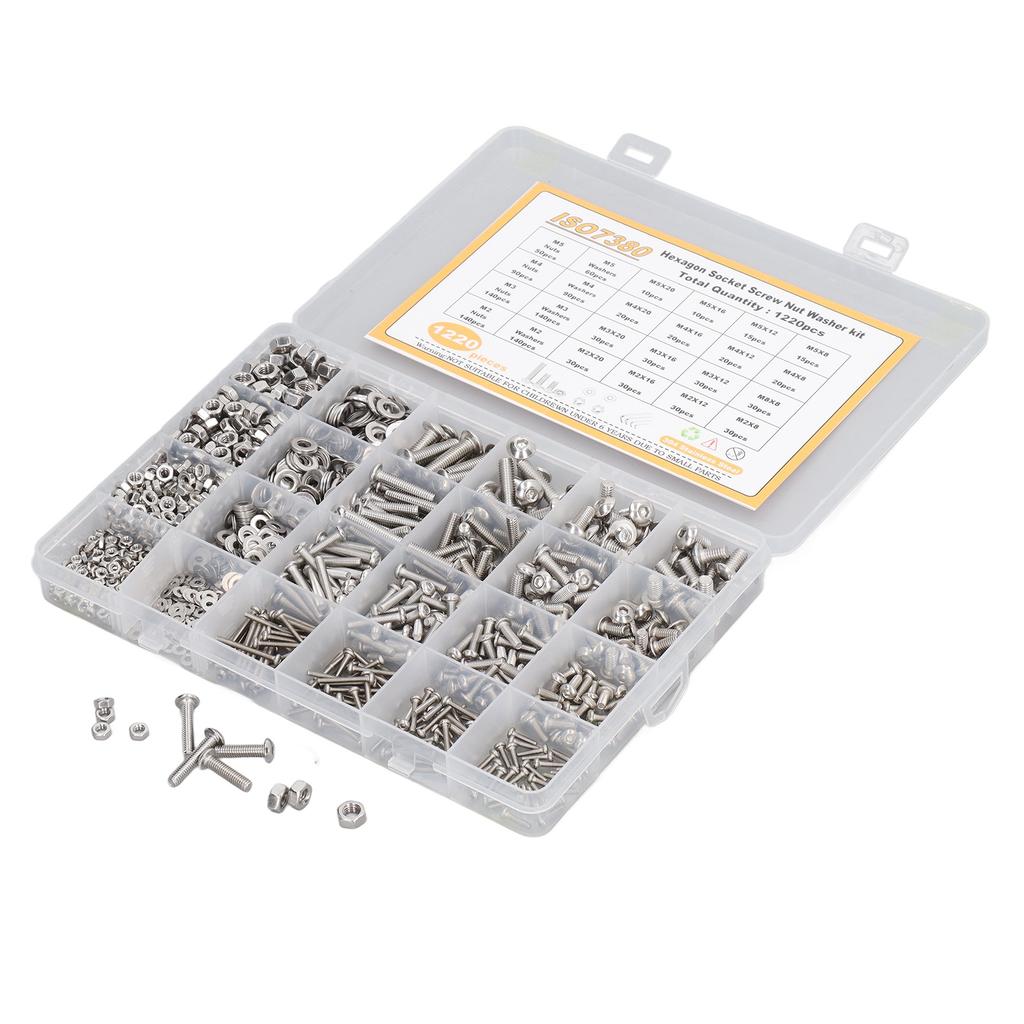 1220 Bucăți Kit Șuruburi cu Cap Hexagonal din Oțel Inoxidabil 304, Piulițe, Saibe, Rezistență Puternică la Uzură M2 M3 M4 M5