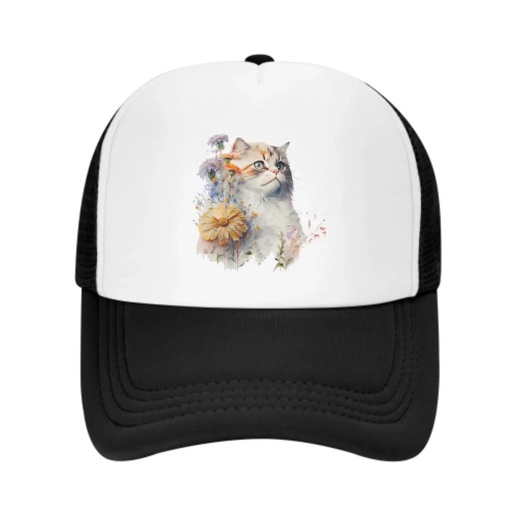 Blumenkatzen Netz-Trucker-Hüte für Unisex-Damen, verstellbare lässige Mode-Baseballkappen für Outdoor-Aktivitäten