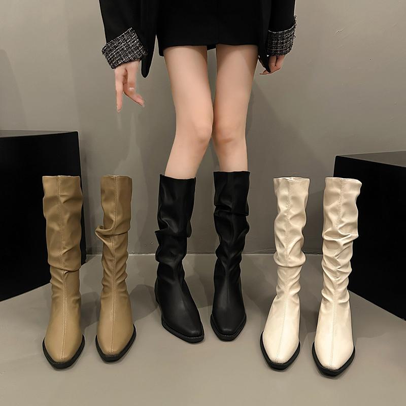 New Style Spring and Autumn Thick Heel Fold Pile Long Knight Boots Pointed Low Heel Casual Elegant Temperament Sleeve Slim Boots