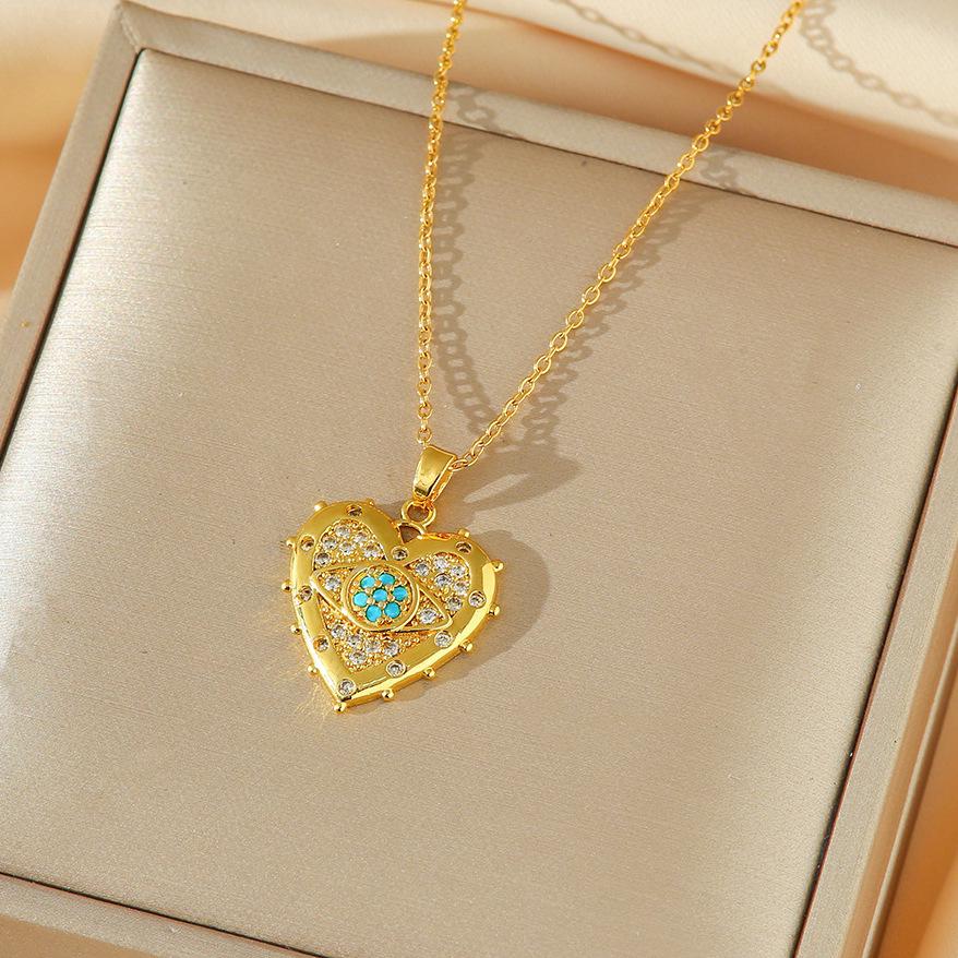 Evil Eye Pendant Necklace & Heart Earrings Jewelry Set - Gold-Plated Copper