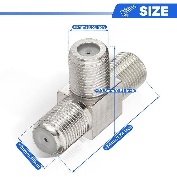 Wlaniot F Type Splitter 3 Way F-Type Female To 2 Female Coaxial Connector Adapter T-Shape for TV Video VCR Antenna TV Cable Satellite Tuner Antenna