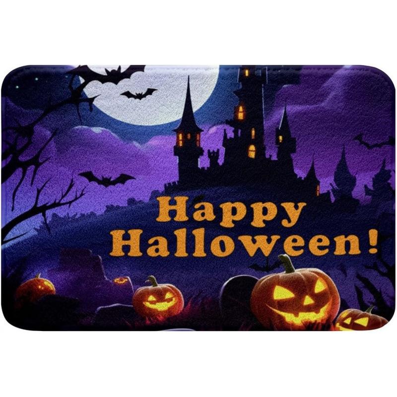 Halloween Pumpkin Bat Print Door Mat Carpet Festive Home Decor Black Cat Castle Moon Spooky Party Decor Floor Mat Indoor Outdoor