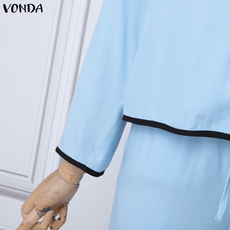 VONDA 2PCS Women Casual Long Sleeve Blouse and Pants Stitching Two Piece Suit Sets