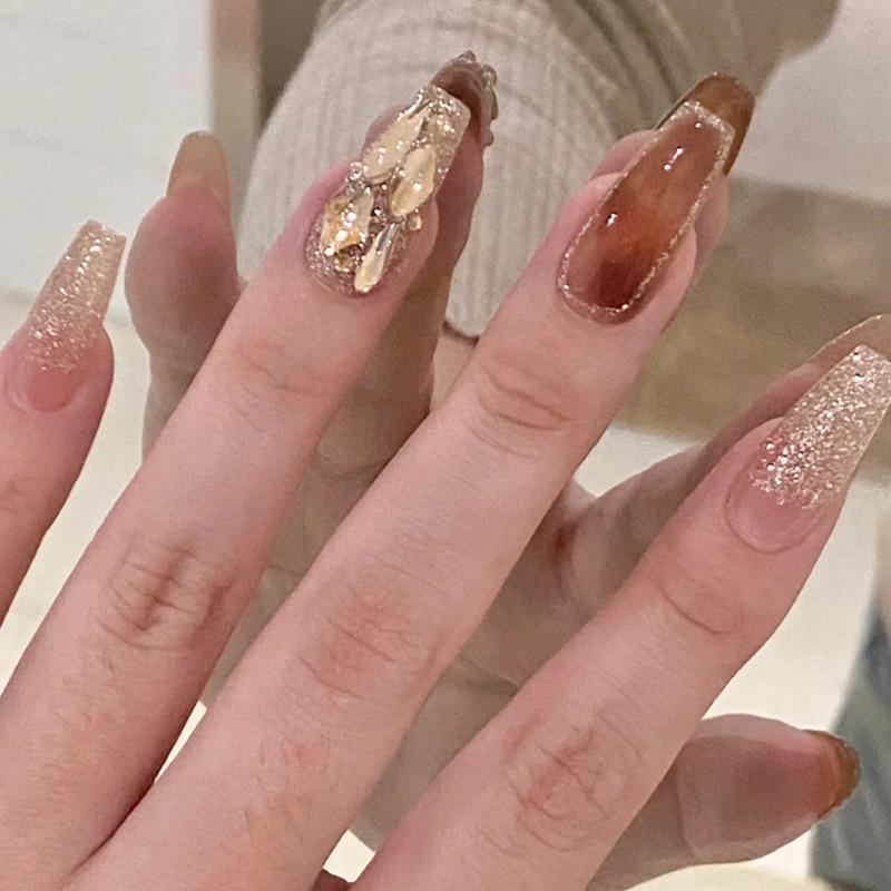 Super Shiny Champagne Irregular Nail Art Gems with Gold Powder Gradient