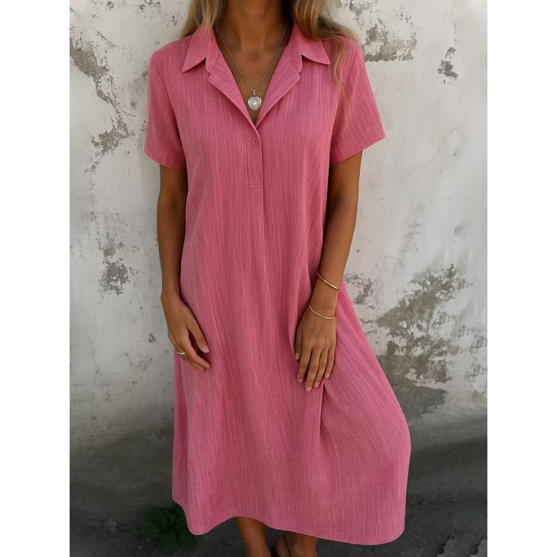 QICED Fashion Summer Spring Solid Color Print Short Sleeve POLO Neck Casual Dresses